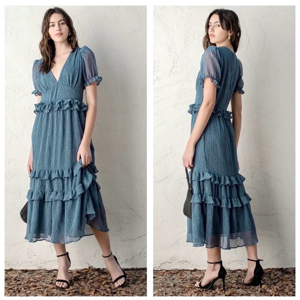 Lulus Womens Dusty Blue Polka Dot Ruffled Midi Dress Size XL NWT